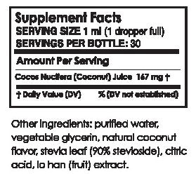 Supplement facts label showing serving size and ingredients for Coconut Water Infusion Drops | Pure Inventions with details on coconut juice and other natural components.