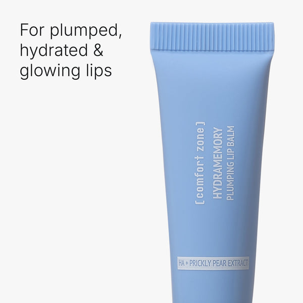 Hydramemory Plumping Lip Balm | [ comfort zone ] in a soft blue tube designed for plumped, hydrated, and glowing lips, featuring HA and prickly pear extract for skincare benefits.