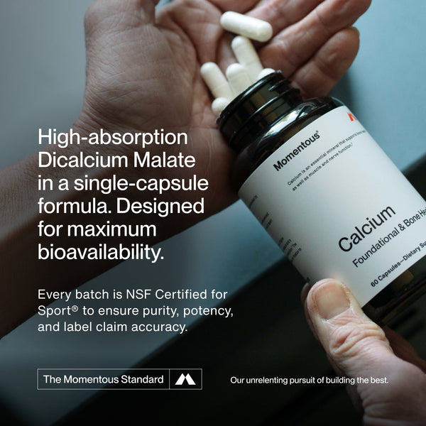 Calcium supplement bottle with capsules in hand featuring dicalcium malate in a single capsule formula for bioavailability and wellness support