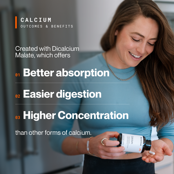 Calcium wellness supplement infographic showing a woman holding the bottle and highlighting dicalcium malate for better absorption easier digestion and higher concentration
