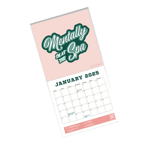 2025 Wellness Wall Calendar | Live Love Spa showing January page with “Mentally I’m at the Spa” quote, featuring a clean layout with wellness-focused design and soft pastel colors.