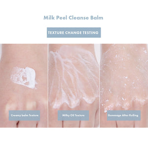 Close-up of three stages of skin texture showing the effects of Calming Clear Milk Peel Cleanse Balm | Leaders, including creamy balm, milky oil, and exfoliating gommage after rolling on the skin.