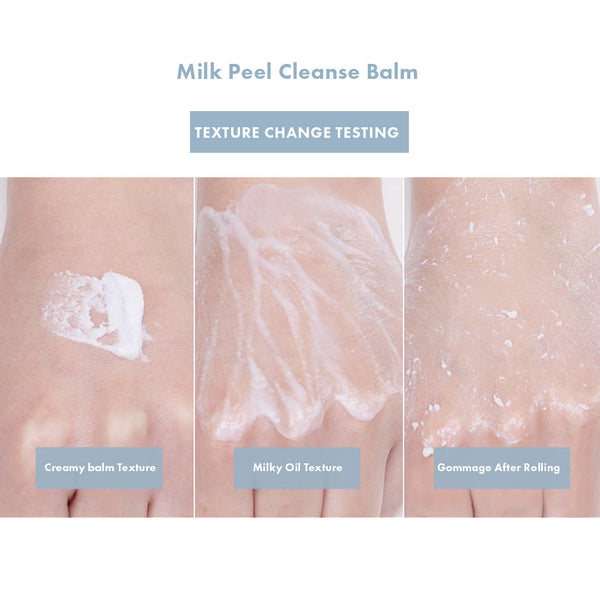 Close-up of three stages of skin texture showing the effects of Calming Clear Milk Peel Cleanse Balm | Leaders, including creamy balm, milky oil, and exfoliating gommage after rolling on the skin.