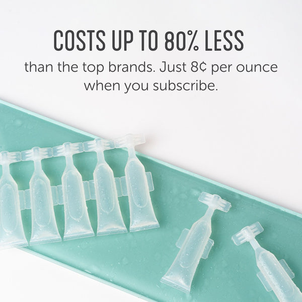 Clear plastic Activator Capsules 25ct box 12oz/3mL | Force of Nature displayed on a teal surface with text highlighting cost savings of up to 80% less than top brands when subscribing.