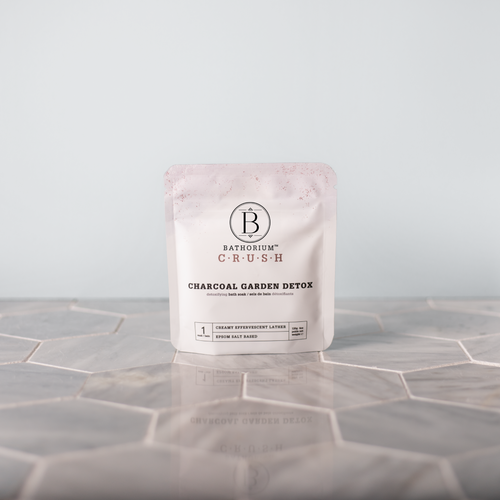 Charcoal Garden Detox Crush | Bathorium in a standing pouch on a tiled surface, showcasing body care skincare product designed for detox and wellness.