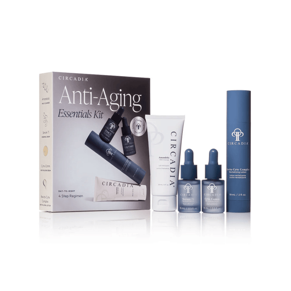 Anti-Aging Regimen Bundle | Circadia featuring a skincare set with cleanser, serums, and cream in a sleek package designed for a 4-step daily anti-aging routine.