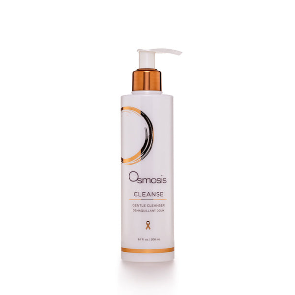Cleanse - Gentle Cleanser | Osmosis in a white bottle with a gold pump dispenser, featuring minimalist design for skincare and body care routines.