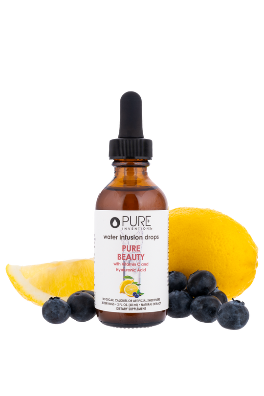 Bottle and box of Pure Beauty Water Infusion Drops - Berry Lemonade | Pure Inventions with lemon and berry graphics, promoting hydration and wellness with vitamin C and hyaluronic acid.
