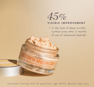 Open jar of Golden Moon Dip® Illumination Mousse with Retinol + Wrinkle-Targeting Peptides | Farmhouse Fresh showing creamy texture with text highlighting 45 percent visible improvement in deep wrinkle surface area after two months of use.