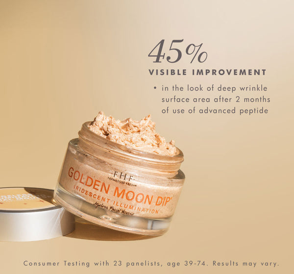 Open jar of Golden Moon Dip® Illumination Mousse with Retinol + Wrinkle-Targeting Peptides | Farmhouse Fresh showing creamy texture with text highlighting 45 percent visible improvement in deep wrinkle surface area after two months of use.