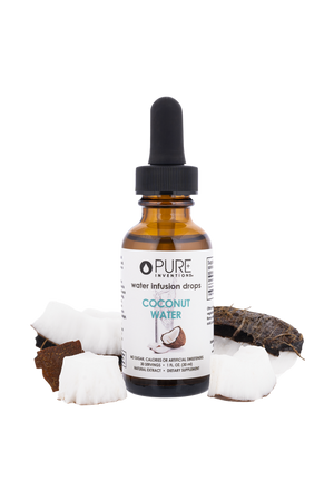Bottle of Coconut Water Infusion Drops | Pure Inventions surrounded by fresh coconut pieces, highlighting a natural wellness supplement for hydration and skincare.