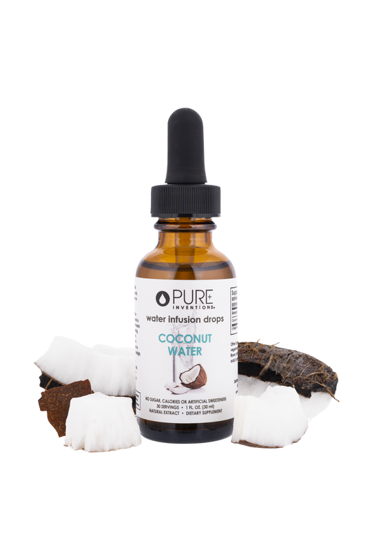 Bottle of Coconut Water Infusion Drops | Pure Inventions surrounded by fresh coconut pieces, highlighting a natural wellness supplement for hydration and skincare.