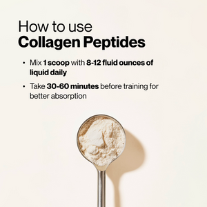 Collagen Peptides usage guide showing a scoop of powder with instructions to mix one scoop with liquid and take before training as a wellness supplement