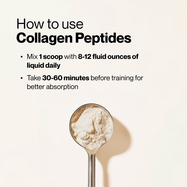 Collagen Peptides usage guide showing a scoop of powder with instructions to mix one scoop with liquid and take before training as a wellness supplement