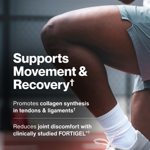 Collagen Peptides wellness supplement supporting movement and recovery shown with an athlete bending a knee during exercise and highlighting collagen synthesis for tendons and ligaments
