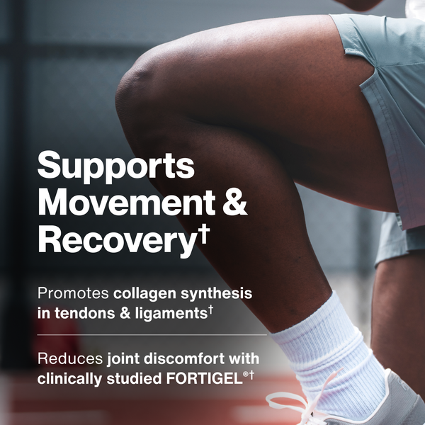 Collagen Peptides wellness supplement supporting movement and recovery shown with an athlete bending a knee during exercise and highlighting collagen synthesis for tendons and ligaments