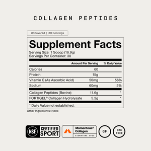 Collagen Peptides wellness supplement facts label showing unflavored 30 servings with protein vitamin C sodium bovine collagen and certification icons