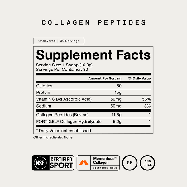 Collagen Peptides wellness supplement facts label showing unflavored 30 servings with protein vitamin C sodium bovine collagen and certification icons