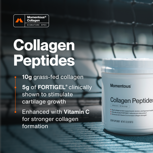 Collagen Peptides wellness supplement tub displayed beside a gym net with promotional text highlighting collagen and vitamin C