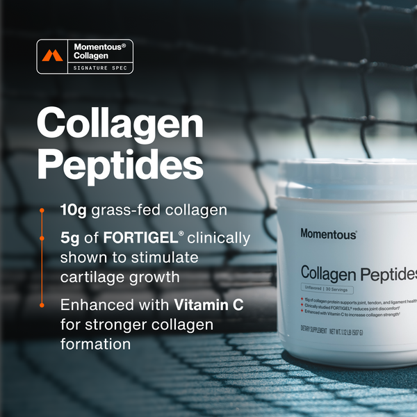 Collagen Peptides wellness supplement tub displayed beside a gym net with promotional text highlighting collagen and vitamin C