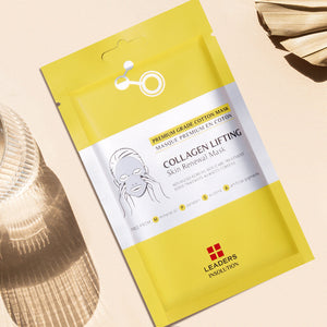 Collagen Lifting Skin Renewal Mask | Leaders in yellow packaging with minimalist design, promoting skincare renewal and anti-aging benefits in a premium cotton mask.
