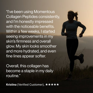 Collagen Peptides customer testimonial featuring a runner and claims of smoother hydrated skin improved firmness and softer fine lines