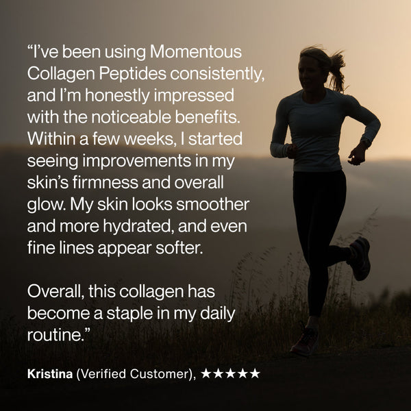 Collagen Peptides customer testimonial featuring a runner and claims of smoother hydrated skin improved firmness and softer fine lines