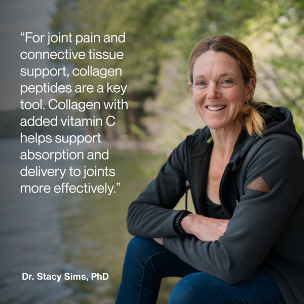 Collagen Peptides wellness supplement with woman outdoors and educational text about joint pain connective tissue support and vitamin C absorption