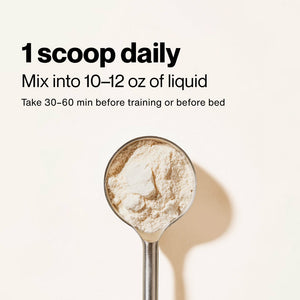 A metal scoop filled with Collagen Peptides powder next to text instructions recommending one scoop daily mixed into 10–12 ounces of liquid, taken 30–60 minutes before training or bedtime.