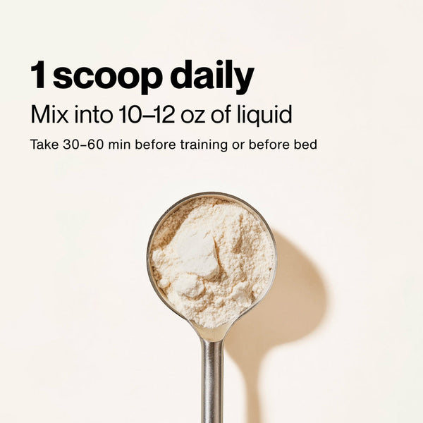 A metal scoop filled with Collagen Peptides powder next to text instructions recommending one scoop daily mixed into 10–12 ounces of liquid, taken 30–60 minutes before training or bedtime.
