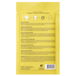 Collagen Lifting Skin Renewal Mask | Leaders packaging in yellow with instructions and ingredients for a skincare facial mask designed to lift and renew skin.