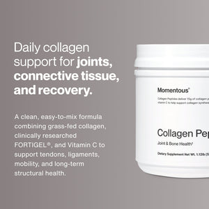Collagen Peptides wellness supplement container with messaging about daily support for joints connective tissue and recovery in a clean white package