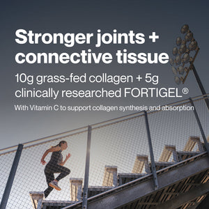 Collagen Peptides wellness supplements supporting joint strength and connective tissue with an athlete training on outdoor stairs