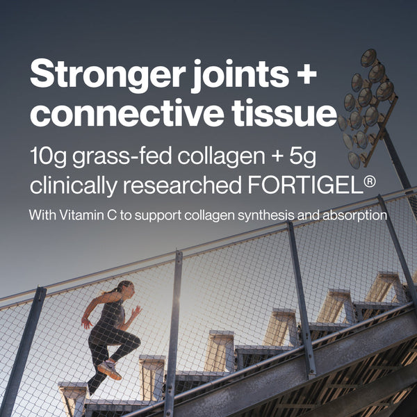 Collagen Peptides wellness supplements supporting joint strength and connective tissue with an athlete training on outdoor stairs