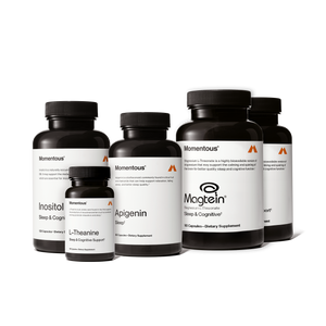 Collection of five dietary supplement bottles labeled with sleep and cognitive support ingredients displayed together as the Complete Sleep Stack for wellness and recovery.