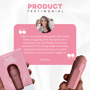 Customer testimonial praising the effectiveness of Slick Oil Absorbing Volcanic Roller [Removes Oil & Shine] | Dreambox Beauty for oily skin, with product and packaging shown in pink.