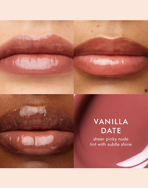 Close-up views of diverse lips wearing a sheer pinky nude tint with subtle shine from Argan Butter Lip Balm | Moroccanoil, shown in the Vanilla Date shade.
