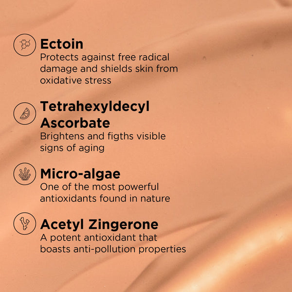 Close-up of tinted moisturizer texture with text highlighting key ingredients Ectoin, Tetrahexyldecyl Ascorbate, Micro-algae, and Acetyl Zingerone, emphasizing antioxidant and skin-protective benefits in DAILY PREVENTION pure mineral tinted moisturizer SPF 30 | IMAGE Skincare.