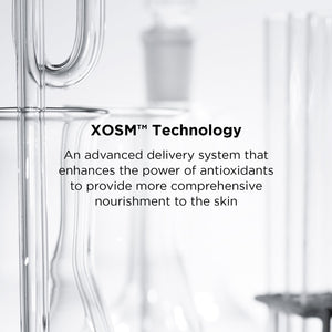Close-up of clear laboratory glassware with text describing XOSM™ Technology as an advanced delivery system that enhances antioxidants for better skin nourishment, promoting DAILY PREVENTION pure mineral tinted moisturizer SPF 30 | IMAGE Skincare.