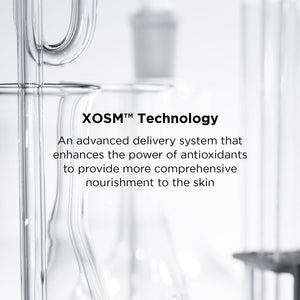 Close-up of clear laboratory glassware with text highlighting XOSM Technology as an advanced delivery system that enhances antioxidants for comprehensive skin nourishment in DAILY PREVENTION Ultra Defense Moisturizer SPF 50 | IMAGE Skincare.