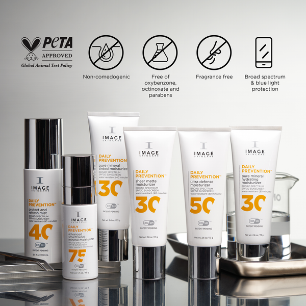 Various IMAGE Skincare DAILY PREVENTION pure mineral tinted moisturizer SPF 30 | IMAGE Skincare products displayed with icons highlighting non-comedogenic, fragrance-free, and broad spectrum blue light protection features.