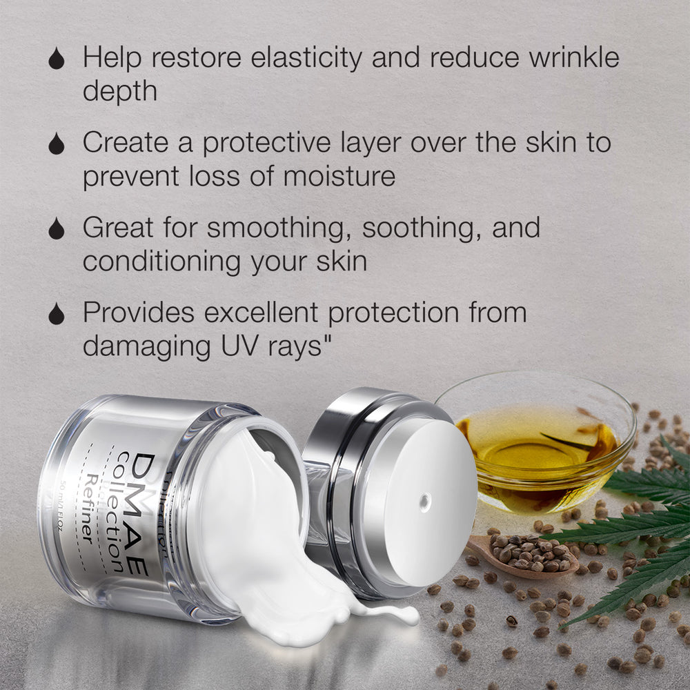 DMAE Refiner | SR Cosmetics in a white and silver jar with matching box, featuring skincare product details and hemp seed oil for a natural treatment.