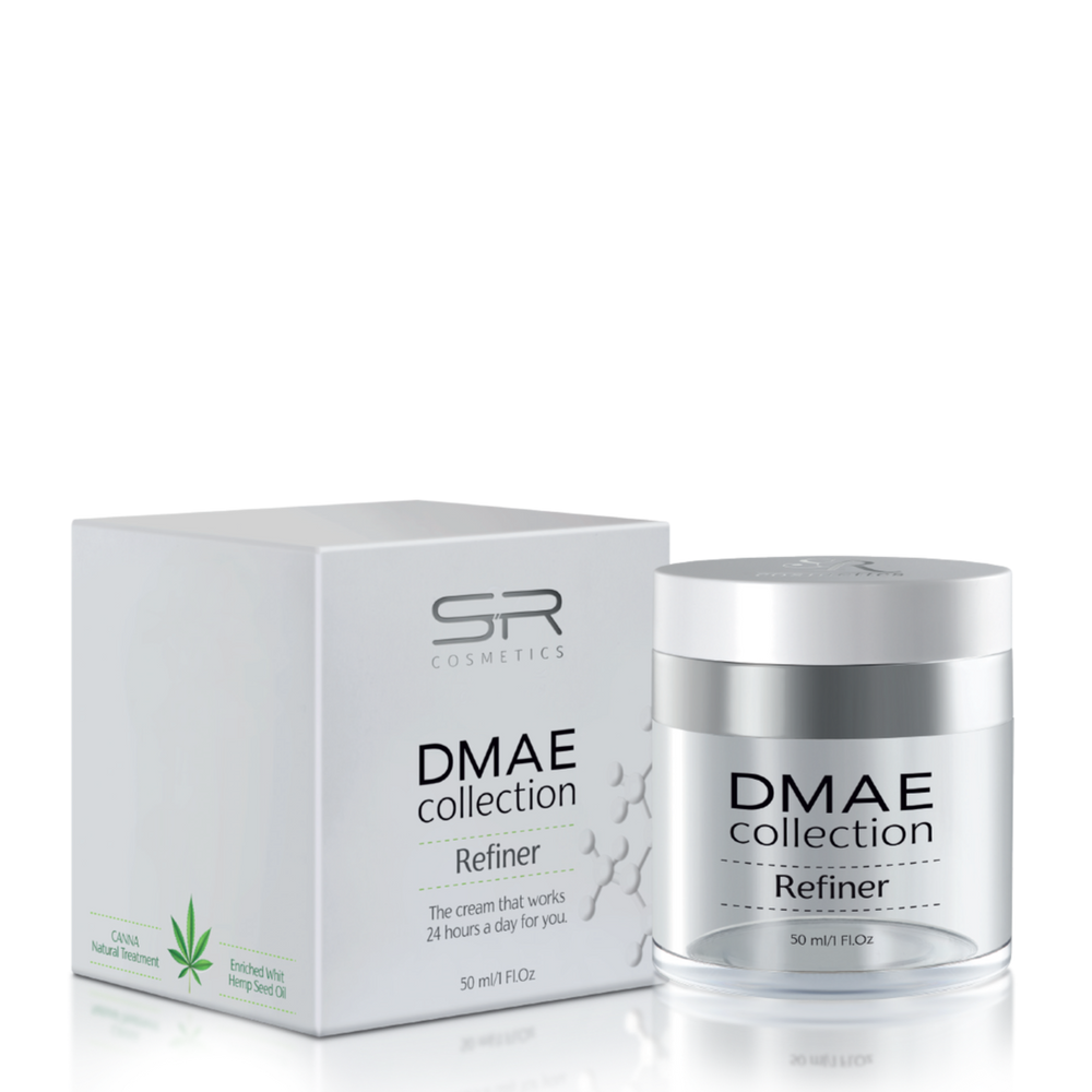 DMAE Refiner | SR Cosmetics in a white and silver jar with matching box, featuring skincare product details and hemp seed oil for a natural treatment.