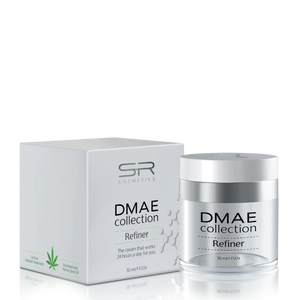 DMAE Refiner | SR Cosmetics in a white and silver jar with matching box, featuring skincare product details and hemp seed oil for a natural treatment.