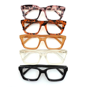 Five pairs of rectangular reading glasses in various colors including pink tortoiseshell, orange tortoiseshell, light brown, translucent white, and black, labeled Chic Trendy Reading Glasses | Love You More.