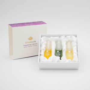 Shankara Aromatherapy Collection | Shankara featuring three skincare bottles in a white cushioned box, promoting calming, soothing, and energizing body care and wellness.