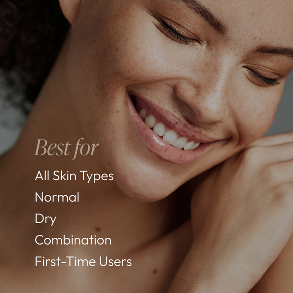 Close-up of a smiling woman with clear skin next to text highlighting that Discovery Essentials Kit | Circadia is best for all skin types, including normal, dry, combination, and first-time users.