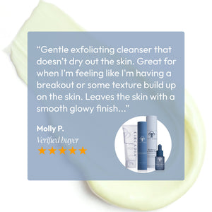 Customer review praising the gentle exfoliating cleanser in the Discovery Essentials Kit | Circadia for its ability to clear breakouts and texture without drying, leaving skin smooth and glowing.