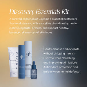 Image showing Discovery Essentials Kit | Circadia with three skincare products on a gradient background and text describing benefits like cleansing, hydrating, and antioxidant protection for balanced skin.