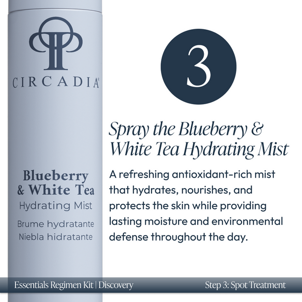 Blueberry and white tea hydrating mist from Discovery Essentials Kit | Circadia, designed to hydrate, nourish, and protect skin with antioxidants for lasting moisture and environmental defense.